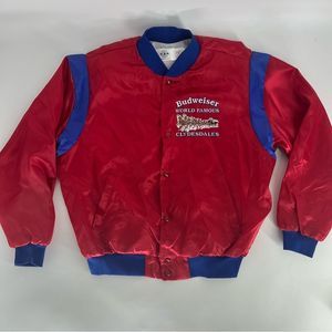 VINTAGE Budweiser Bomber Jacket Men XL Red Blue Clydesdales Snap Up 80s Beer USA